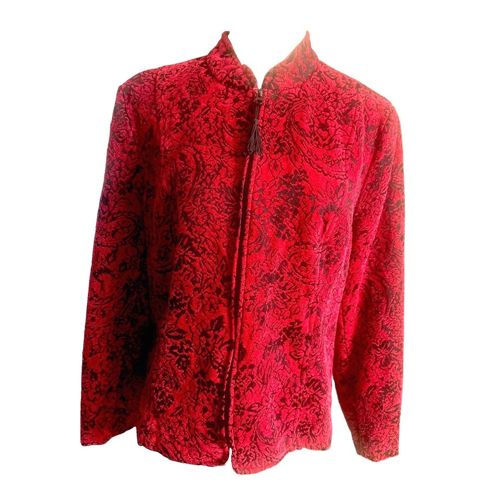 Molly & Maxx Womens L Red Black Jacquard Mandarin Long Sleeve Full Zip Jacket